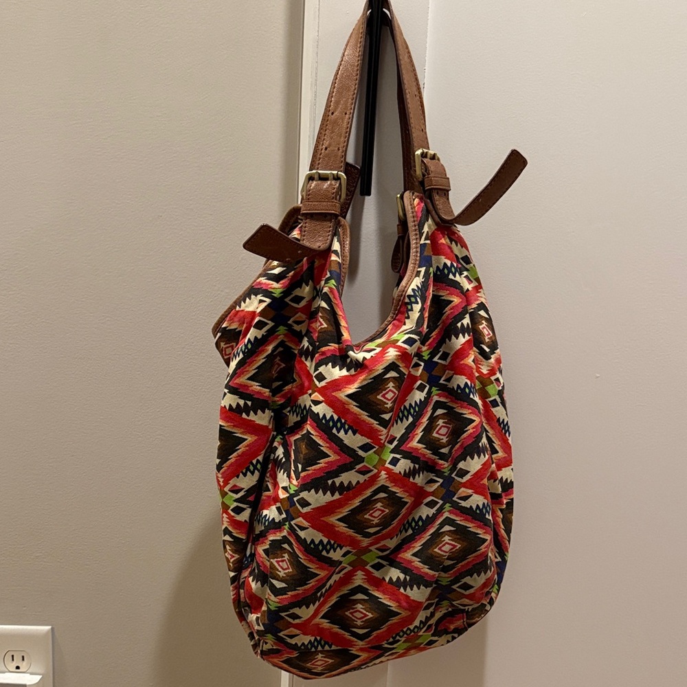 Cynthia Vincent Red and Brown Patterned Hobo Bag